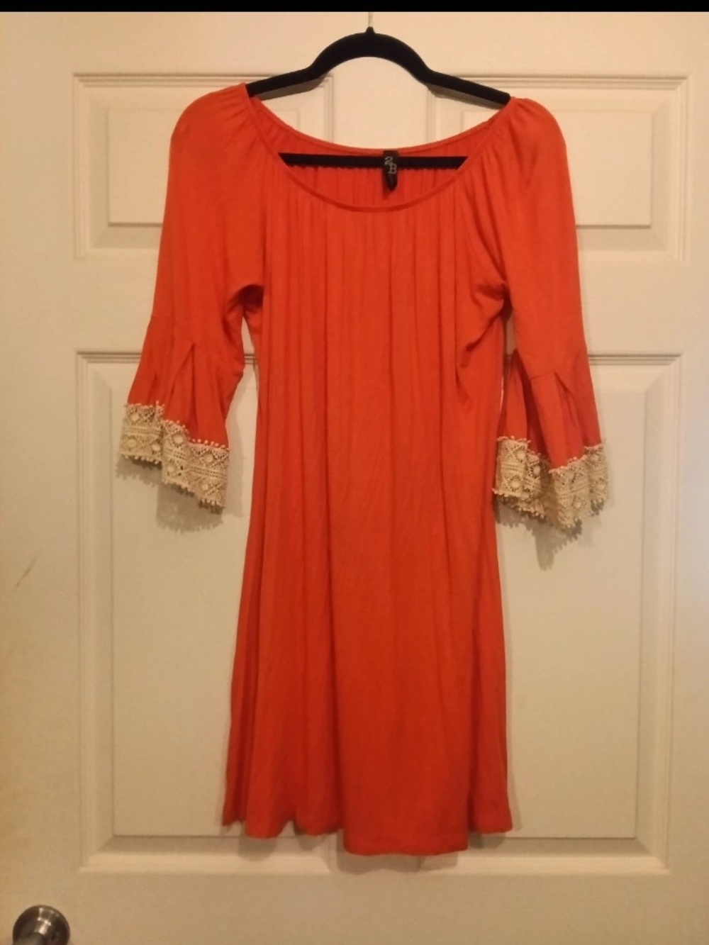 Women’s Orange Bell-Sleeve Dress with Cream Lace Trim